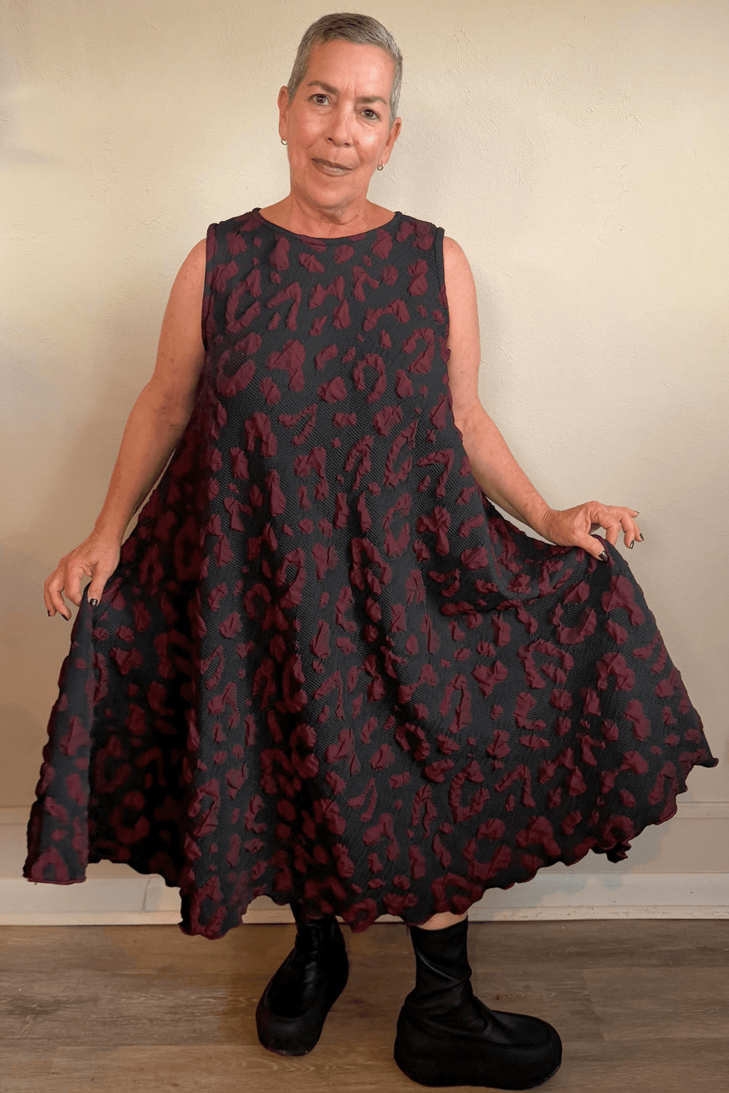 Heydari BRDM2 Dress in charcoal and burgundy textured linen, front and back views
