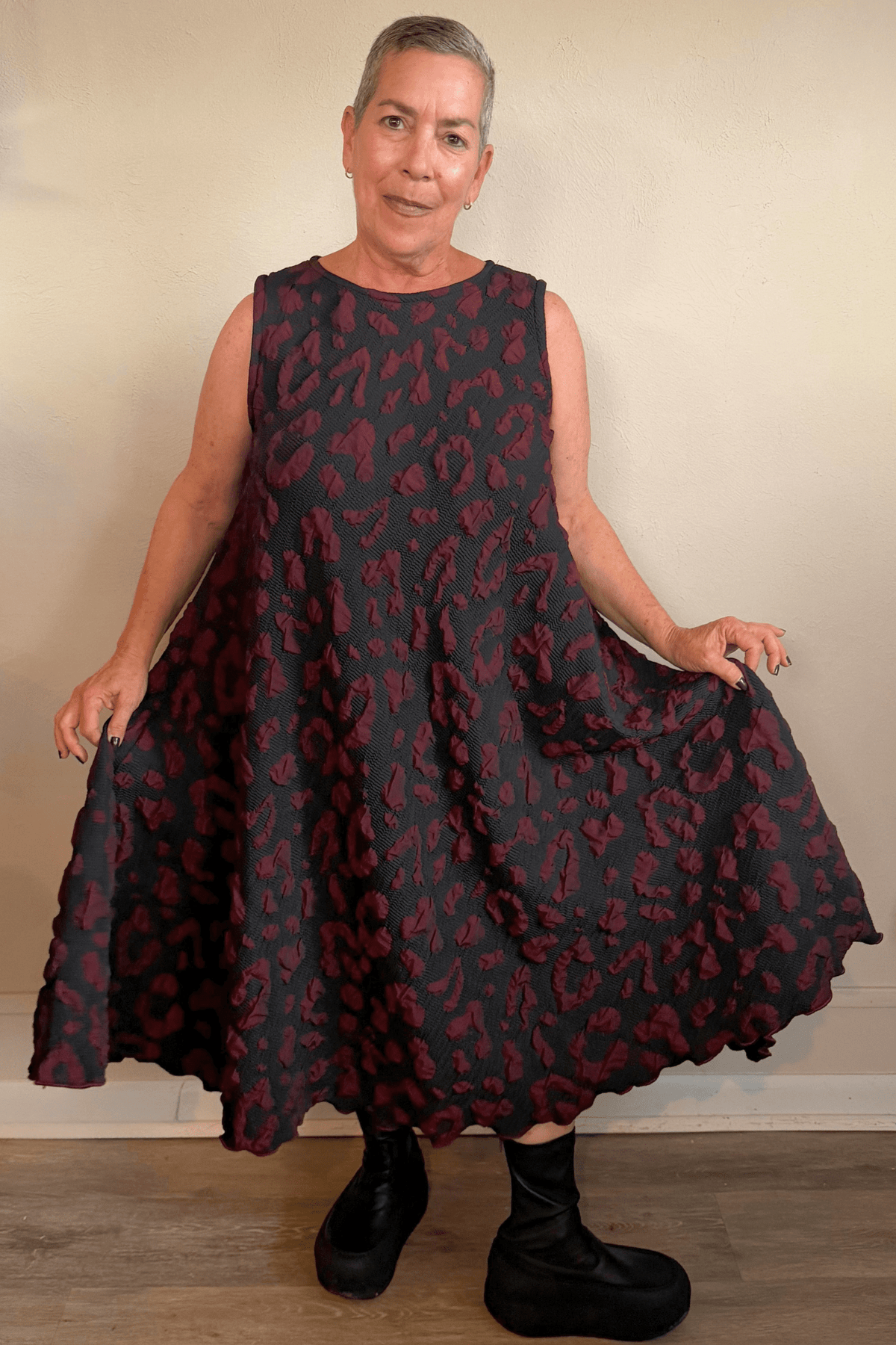 Heydari BRDM2 Dress in charcoal and burgundy textured linen, front and back views