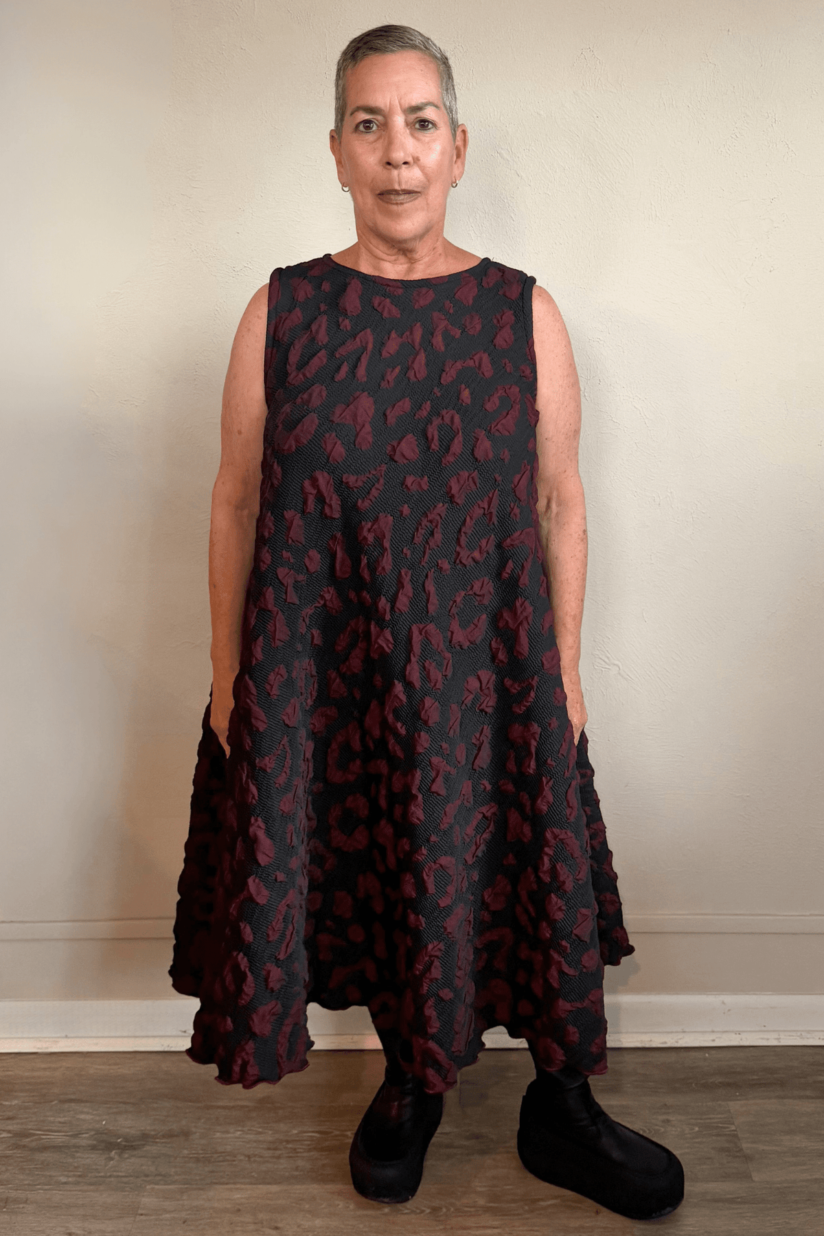 Heydari BRDM2 Dress in charcoal and burgundy textured linen, front and back views