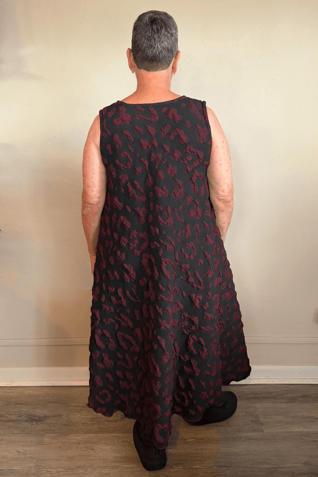 Heydari BRDM2 Dress in charcoal and burgundy textured linen, front and back views