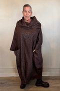 Heydari CRDMel chocolate crinkled sculptural maxi dress with oversized cowl neck and pockets