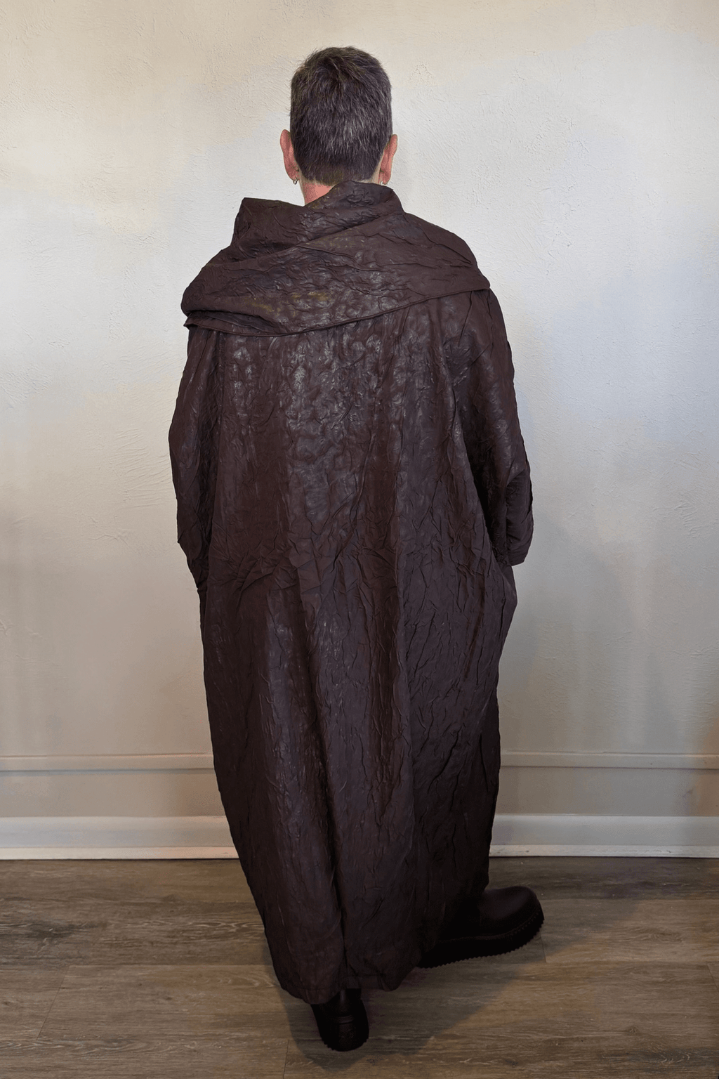 Heydari CRDMel chocolate crinkled sculptural maxi dress with oversized cowl neck and pockets