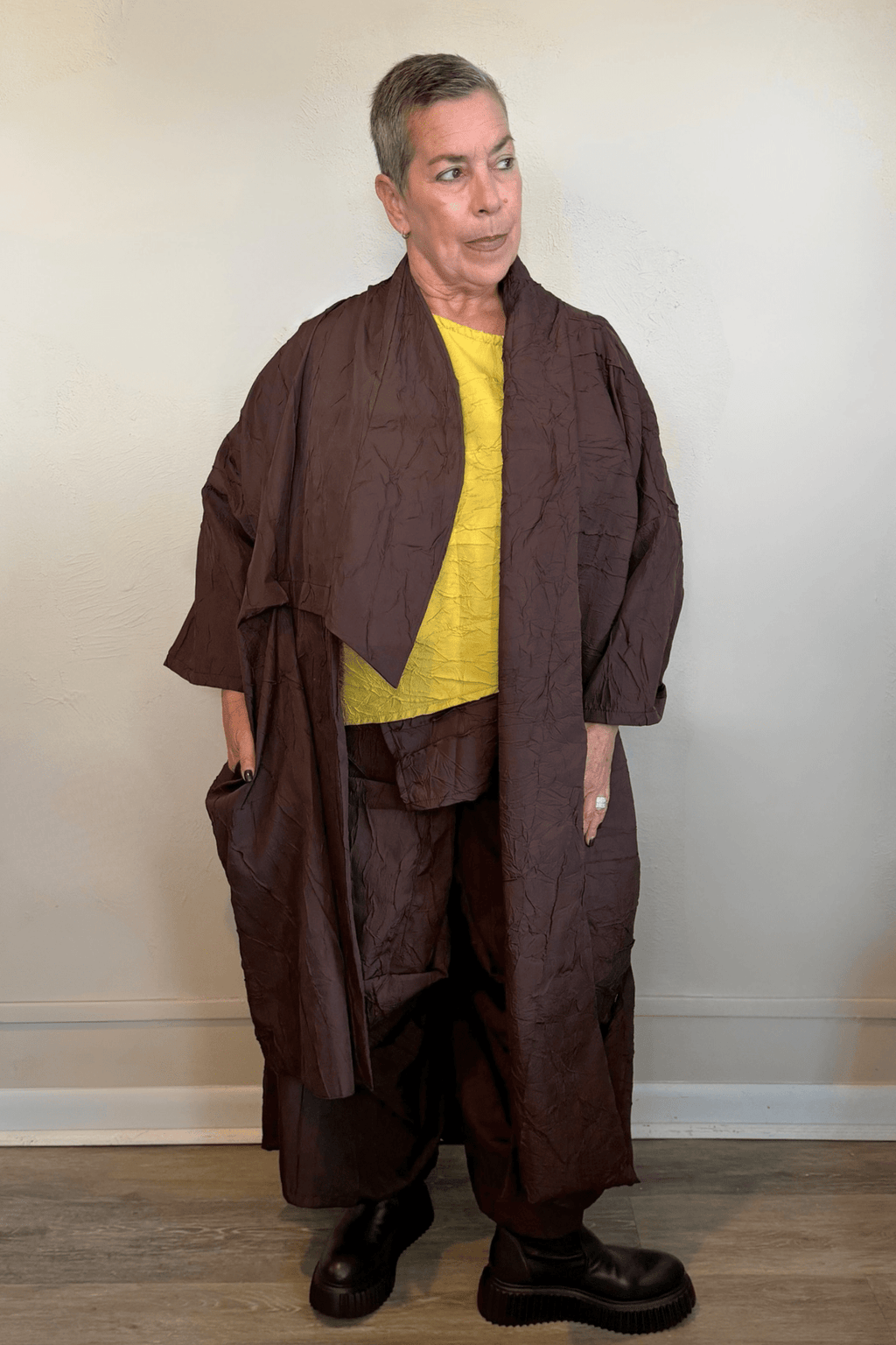 Heydari CRJ127 long asymmetrical crinkled jacket in chartreuse and chocolate