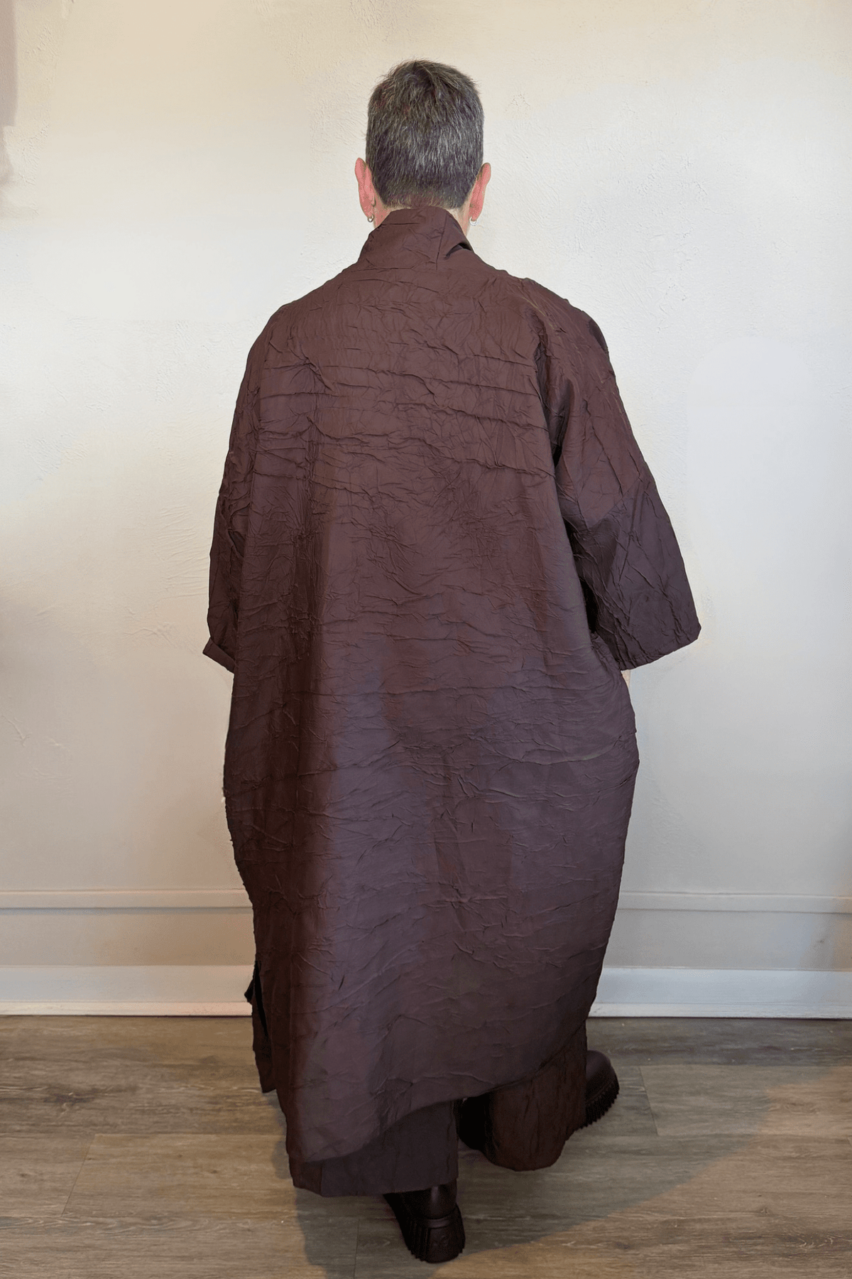 Heydari CRJ127 long asymmetrical crinkled jacket in chartreuse and chocolate