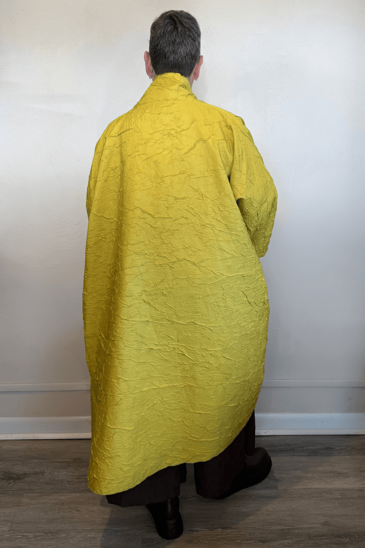 Heydari CRJ127 long asymmetrical crinkled jacket in chartreuse and chocolate