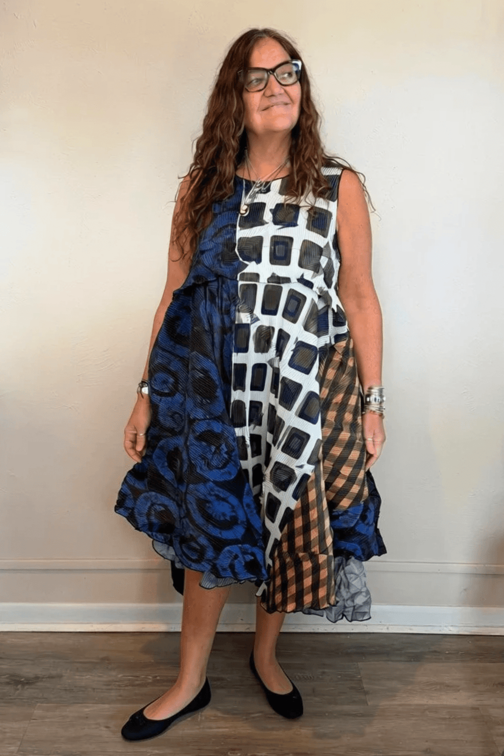 Heydari CSDNUN sleeveless multicolor mixed-print dress with dramatic asymmetrical layered hem