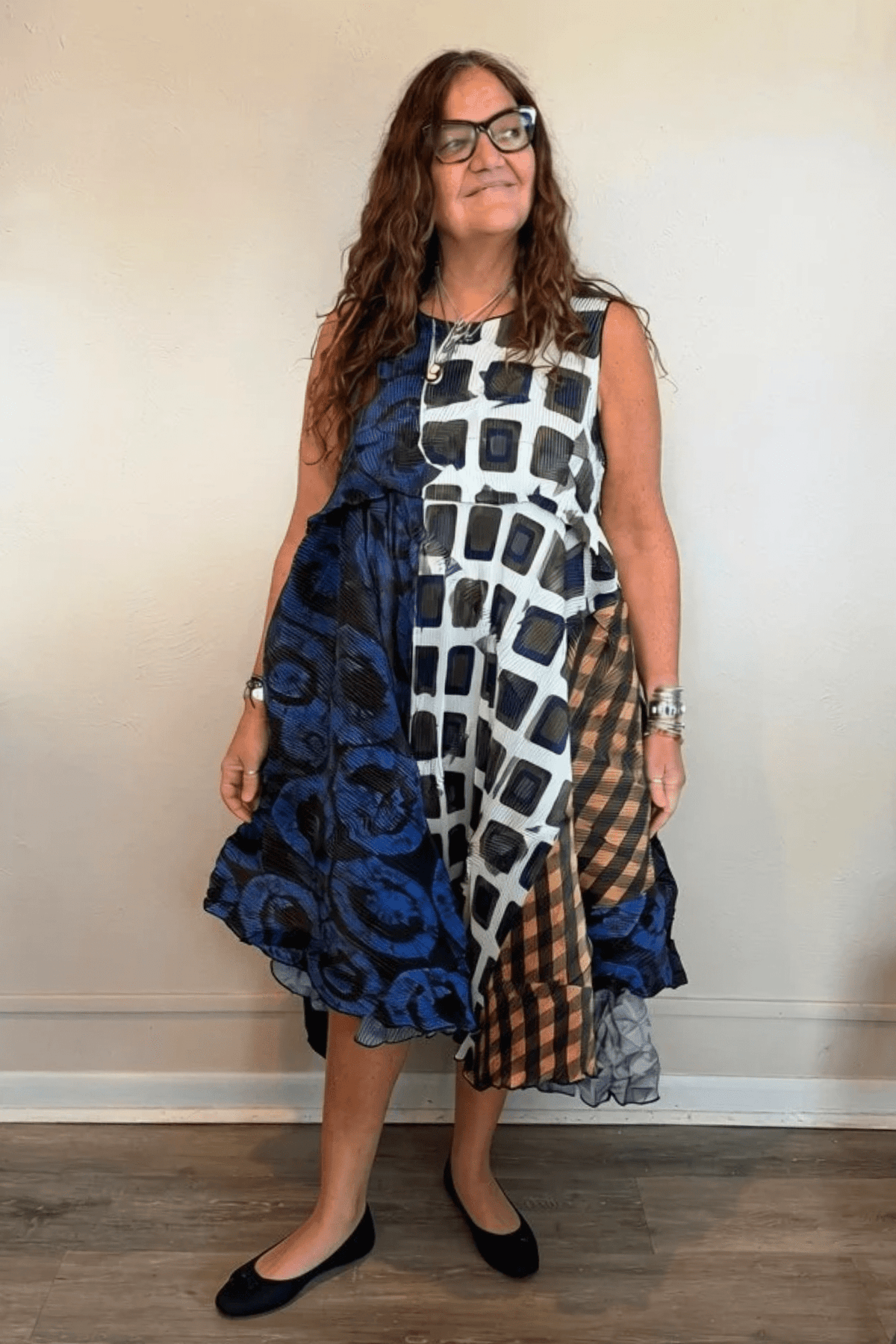 Heydari CSDNUN sleeveless multicolor mixed-print dress with dramatic asymmetrical layered hem