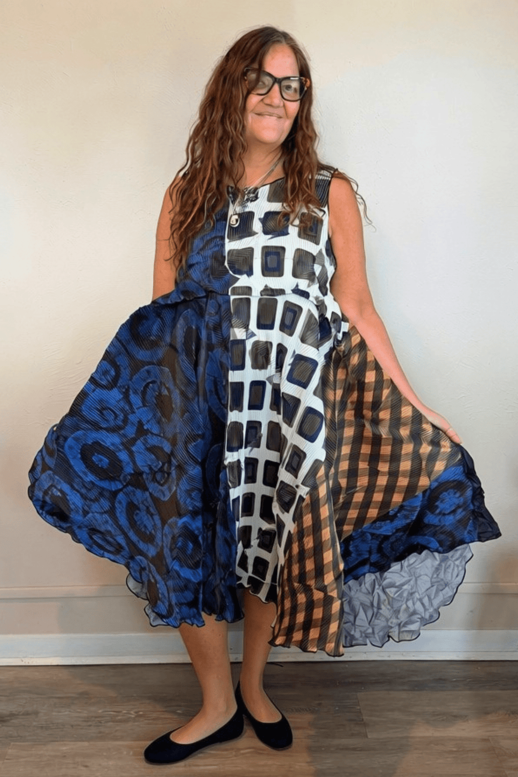 Heydari CSDNUN sleeveless multicolor mixed-print dress with dramatic asymmetrical layered hem