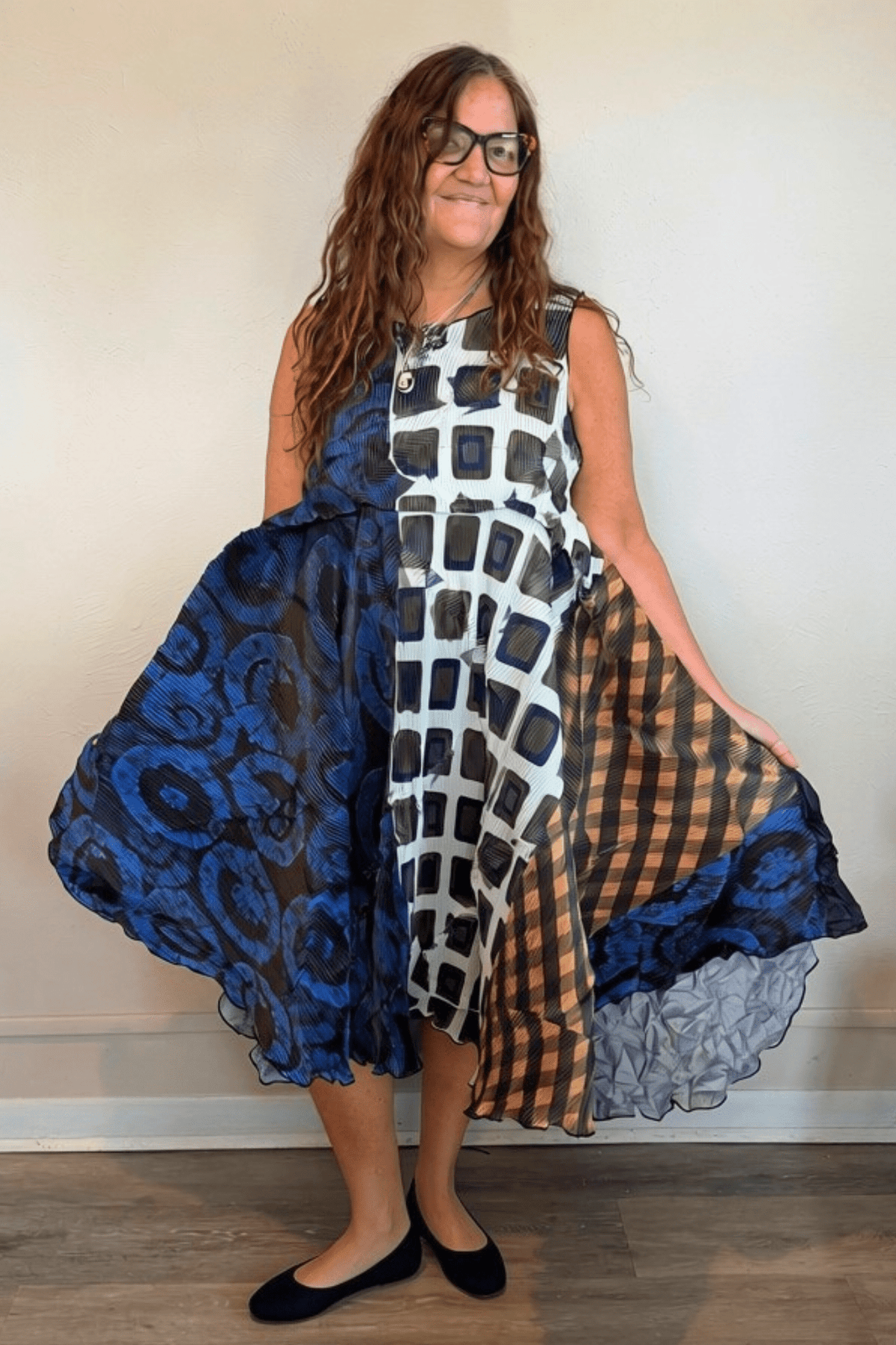 Heydari CSDNUN sleeveless multicolor mixed-print dress with dramatic asymmetrical layered hem
