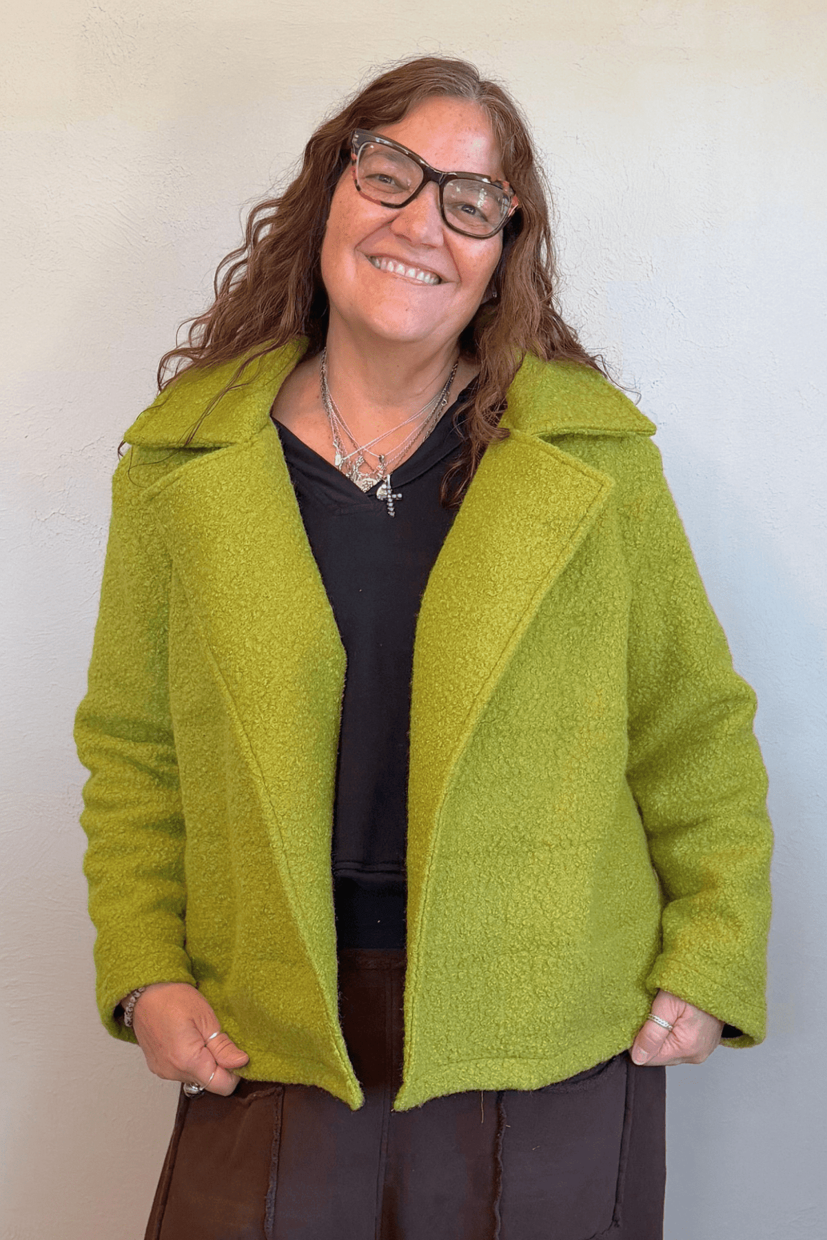 Isle by Melis Kozan 15990 Charlie Jacket in chartreuse textured bouclé, front and back views