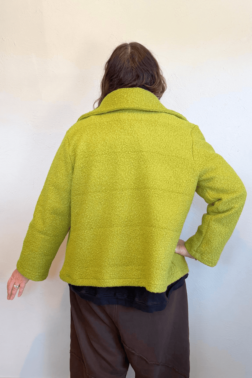 Isle by Melis Kozan 15990 Charlie Jacket in chartreuse textured bouclé, front and back views