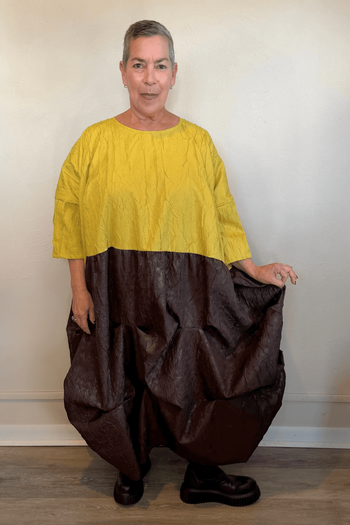 Heydari CRDTU2 chartreuse and chocolate color-blocked sculptural dress, front and back views