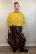 Heydari CRDTU2 chartreuse and chocolate color-blocked sculptural dress, front and back views