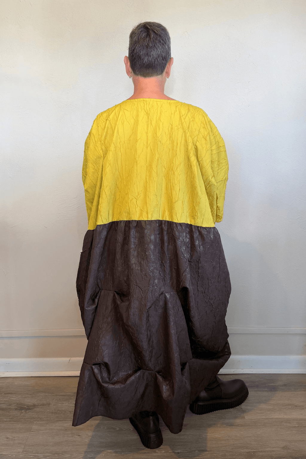 Heydari CRDTU2 chartreuse and chocolate color-blocked sculptural dress, front and back views