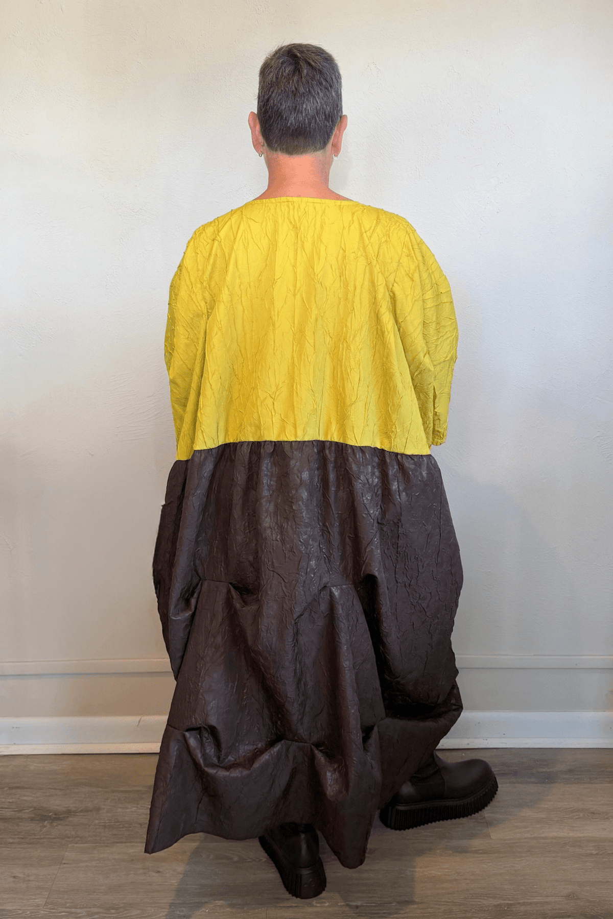 Heydari CRDTU2 chartreuse and chocolate color-blocked sculptural dress, front and back views