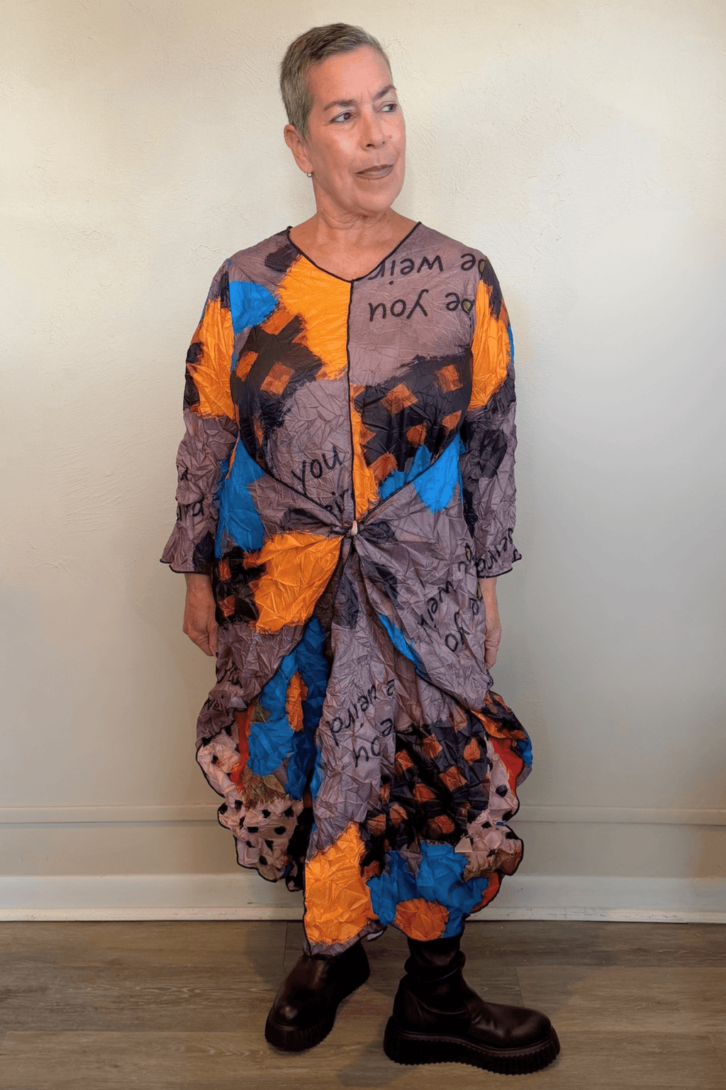 Heydari CSDRAY multicolor abstract-print crinkled dress with cascading drapes