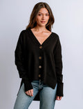 Kerisma Gwyneth Cardi in Black and Mosaic Teal, button-front cardigan with high-low hem