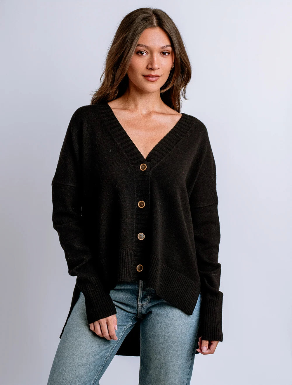 Kerisma Gwyneth Cardi in Black and Mosaic Teal, button-front cardigan with high-low hem