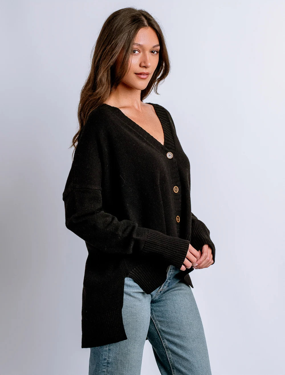 Kerisma Gwyneth Cardi in Black and Mosaic Teal, button-front cardigan with high-low hem