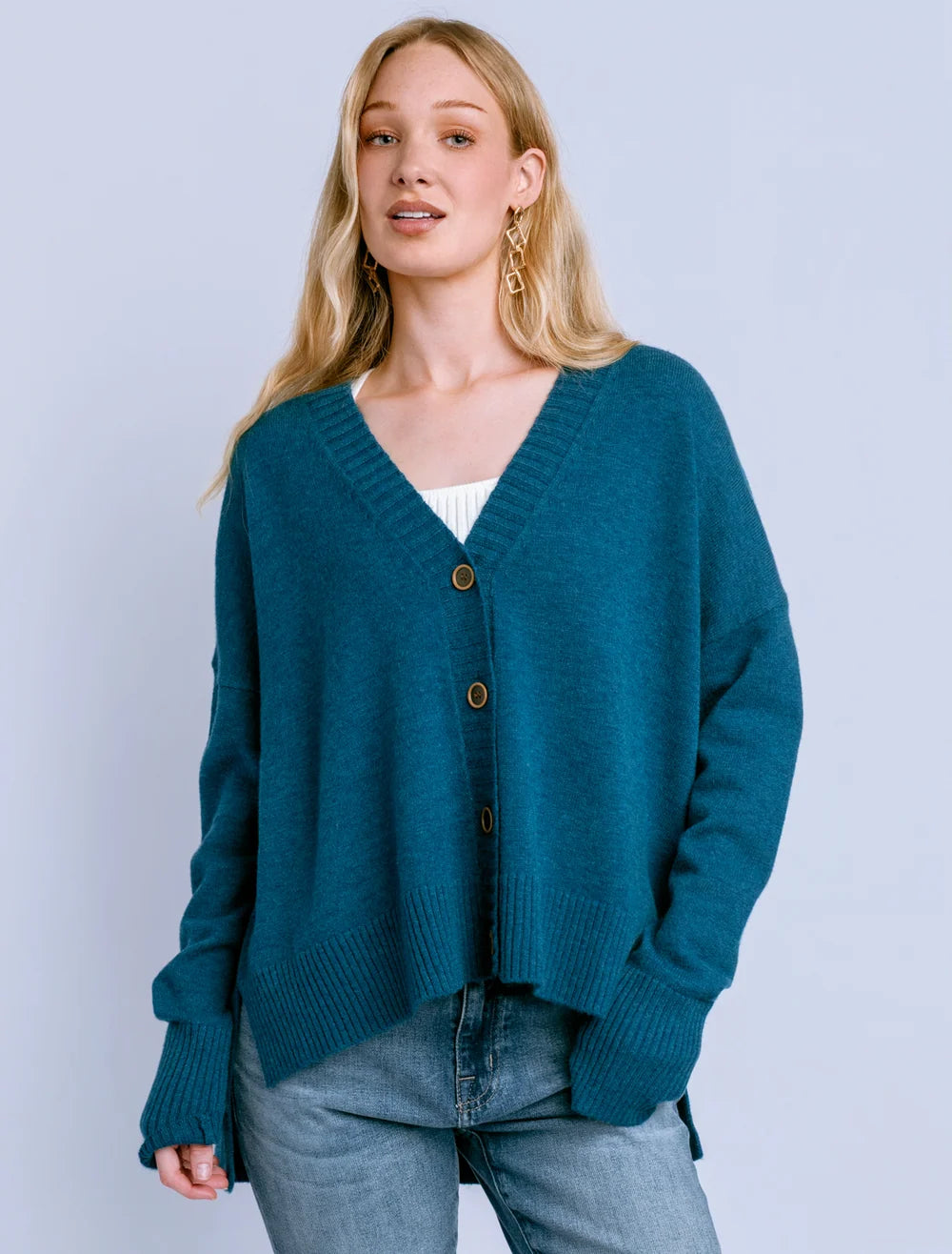 Kerisma Gwyneth Cardi in Black and Mosaic Teal, button-front cardigan with high-low hem
