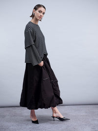Haako H2005 black midi bubble skirt with angled zipper details and ring pulls