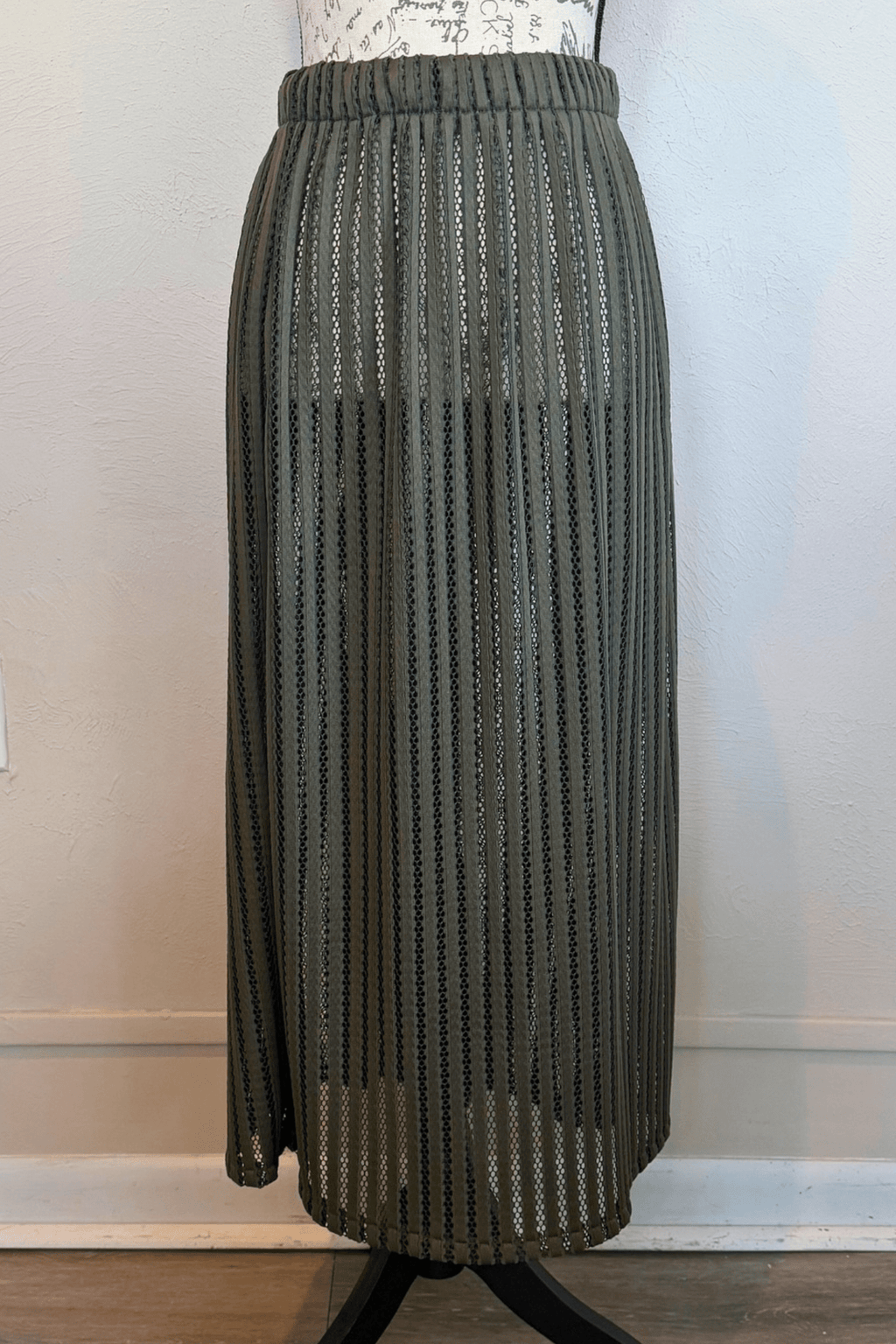 Heydari HOSS olive sheer openwork mesh maxi skirt, front and back views