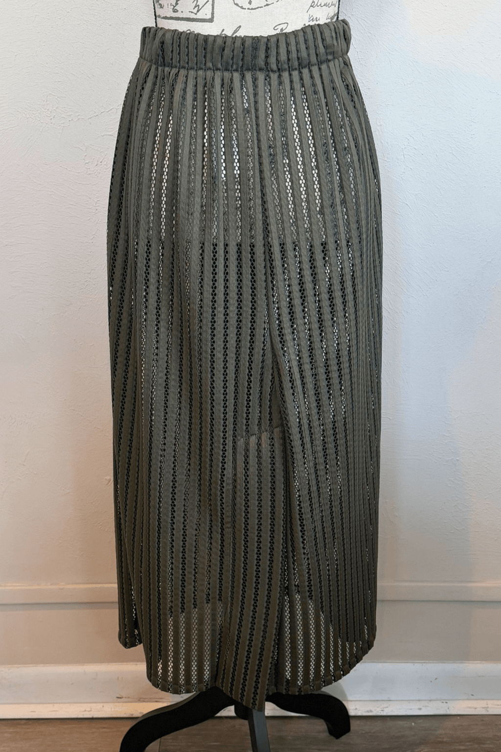 Heydari HOSS olive sheer openwork mesh maxi skirt, front and back views
