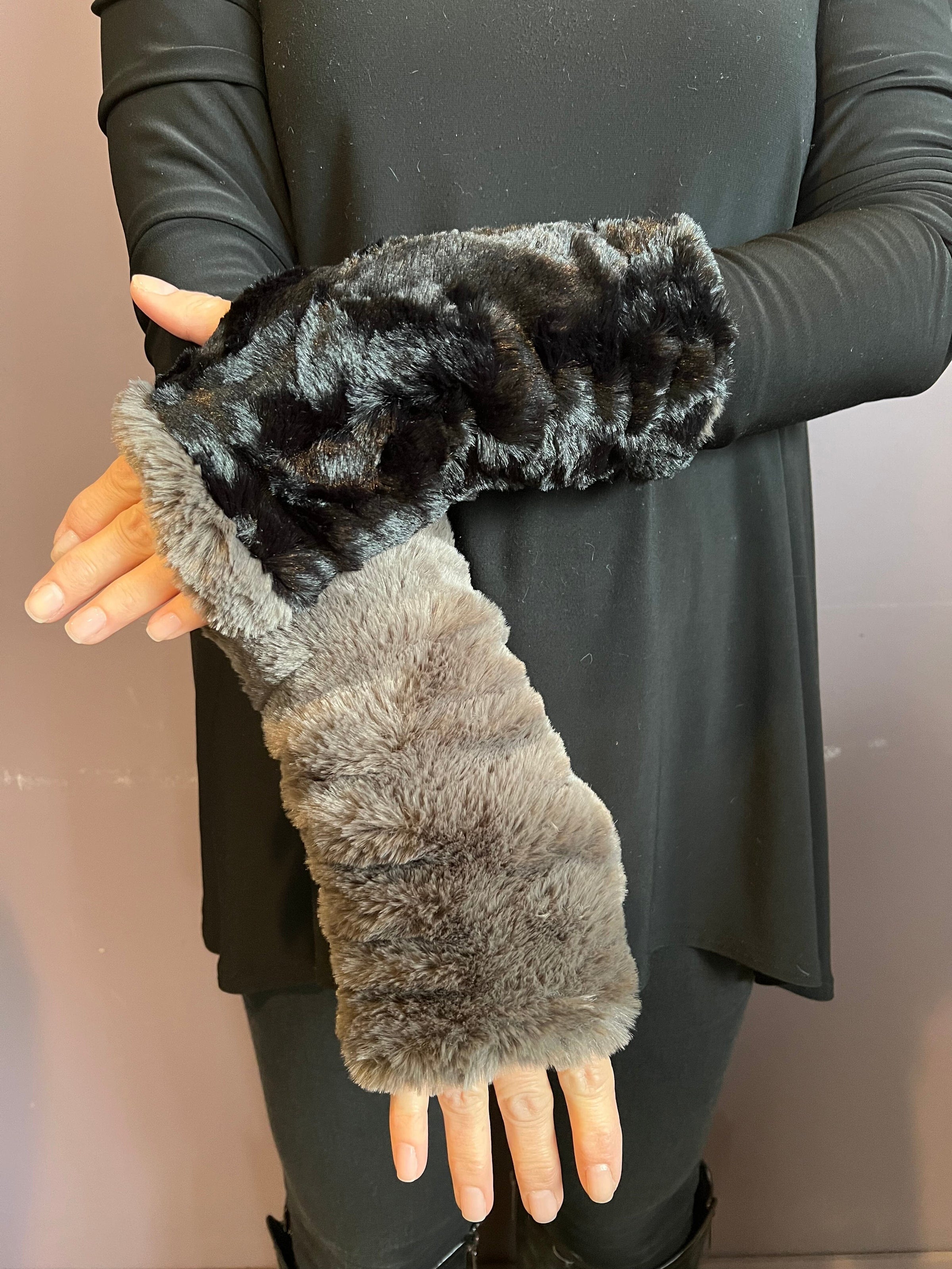 Mink and Black Reversible Fingerless Gloves