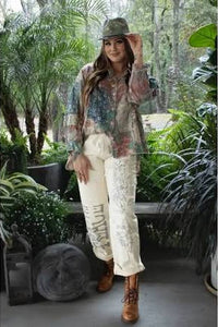 Jaded Gypsy Parchment Peace And Love Jeans with distressed details, PEACE leg graphic, floral artwork, and embroidered back design