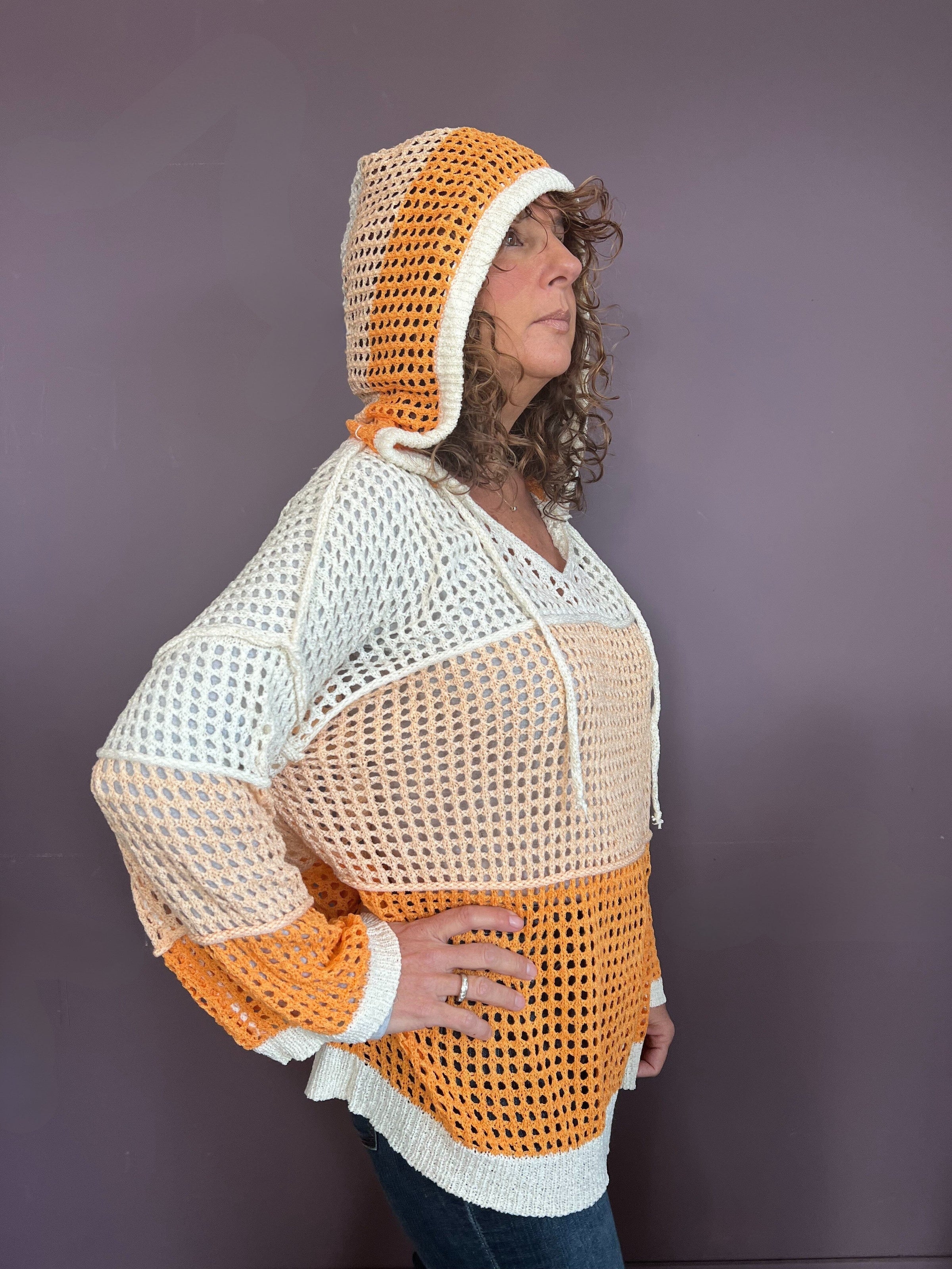 Open Knit Hood Sweater Top