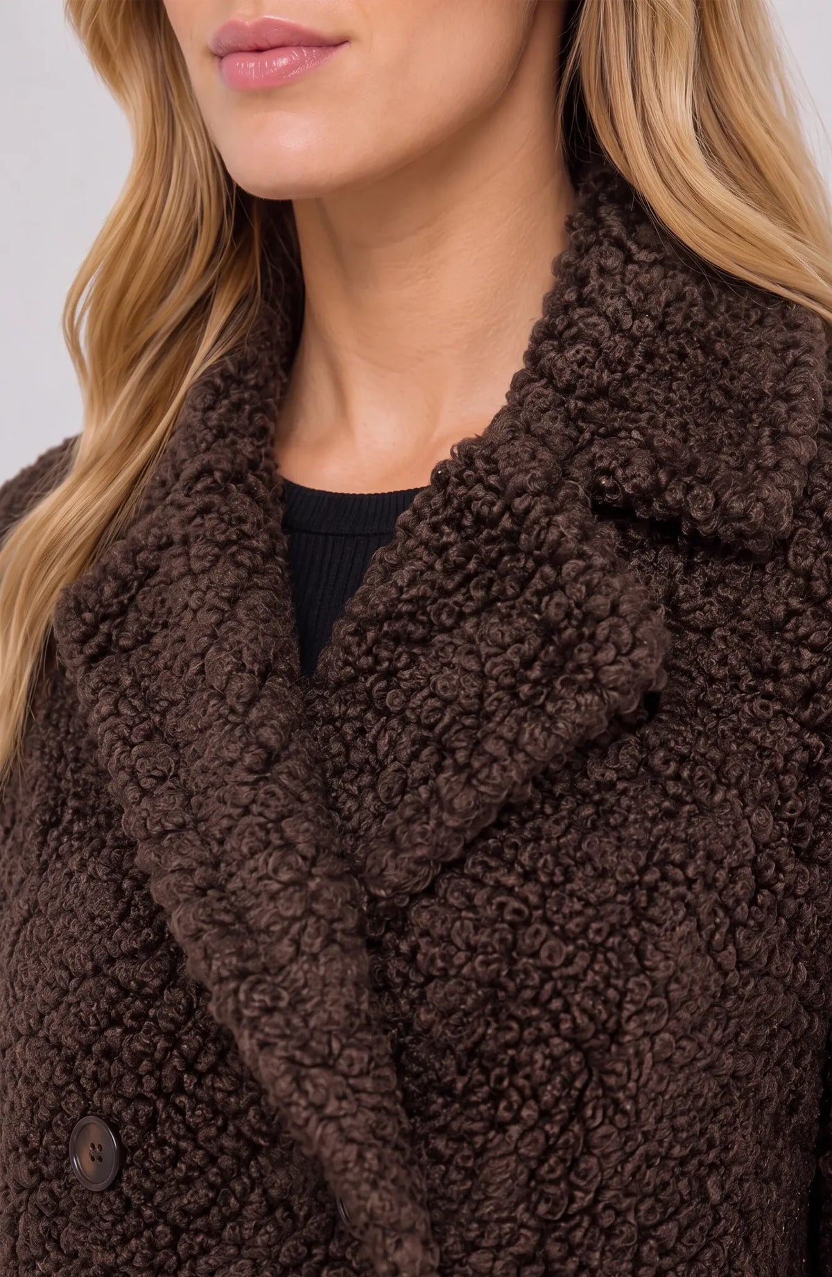 Liverpool LM1D32NG47 double-breasted curly faux-fur coat in Teddy Brown
