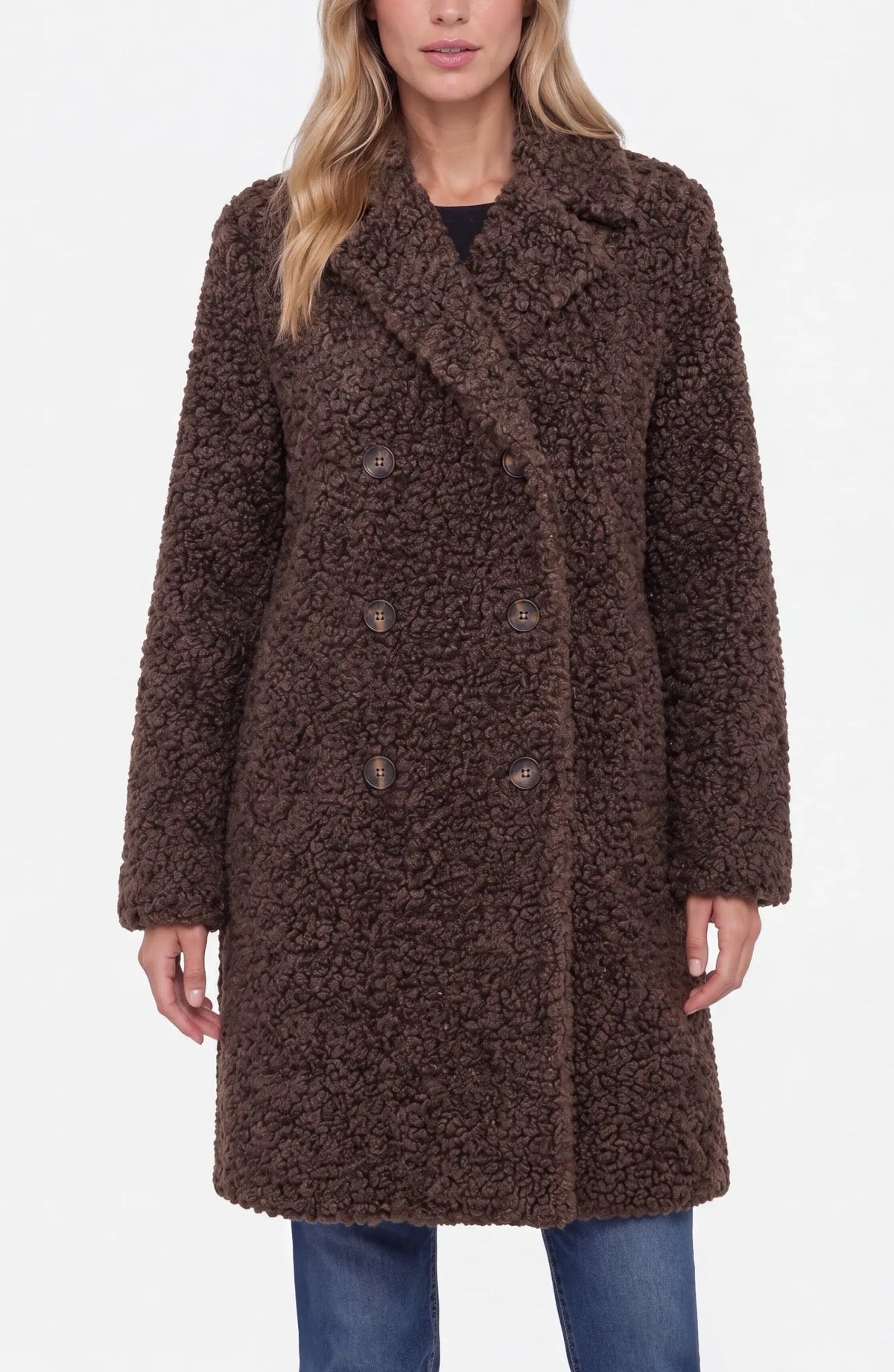 Liverpool LM1D32NG47 double-breasted curly faux-fur coat in Teddy Brown