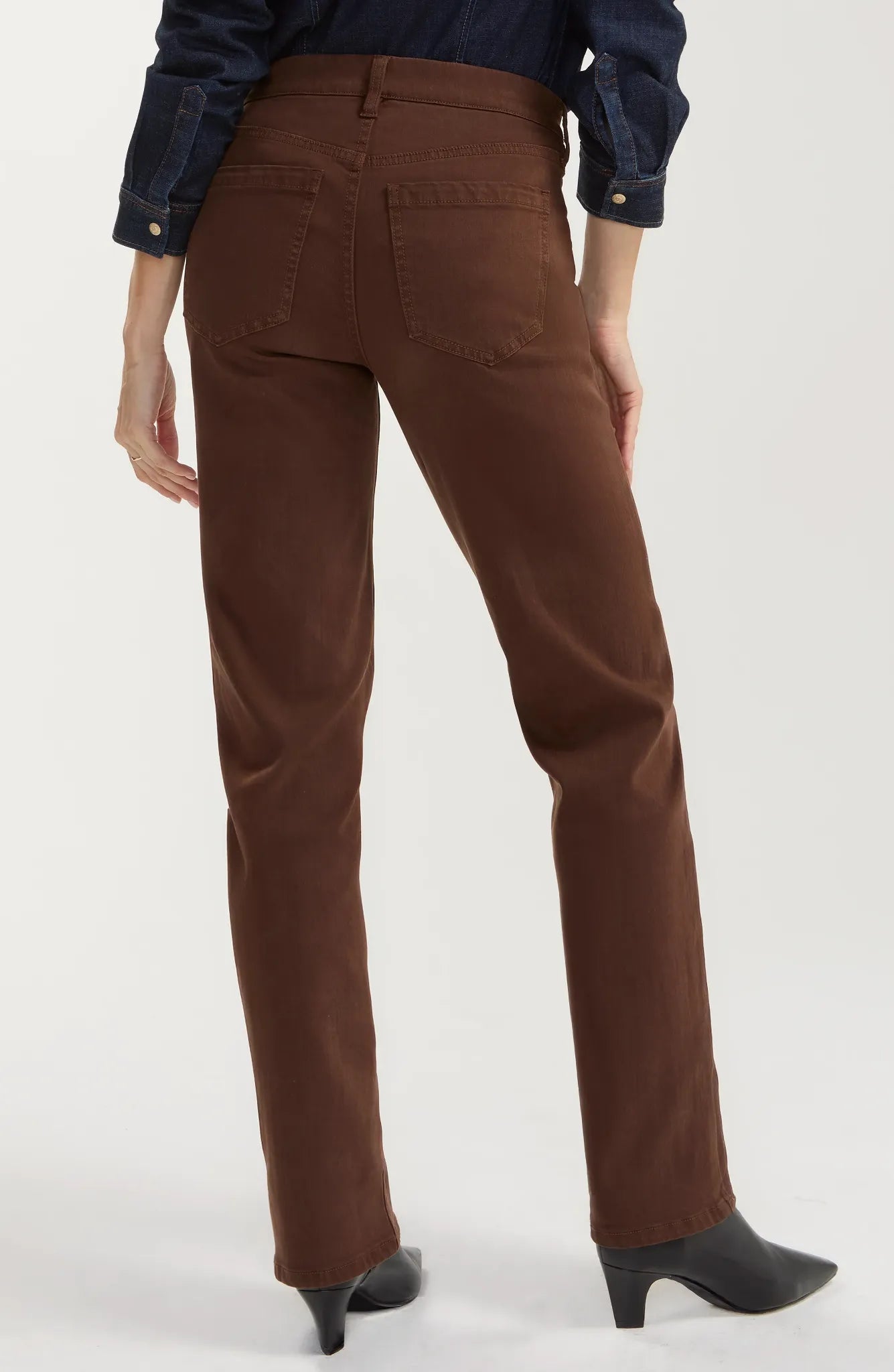Carob brown straight-leg pants with a mid-rise comfort waistband, belt loops, five-pocket styling, zip fly with logo button closure, and a full-length straight silhouette.