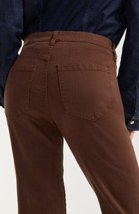 Carob brown straight-leg pants with a mid-rise comfort waistband, belt loops, five-pocket styling, zip fly with logo button closure, and a full-length straight silhouette.