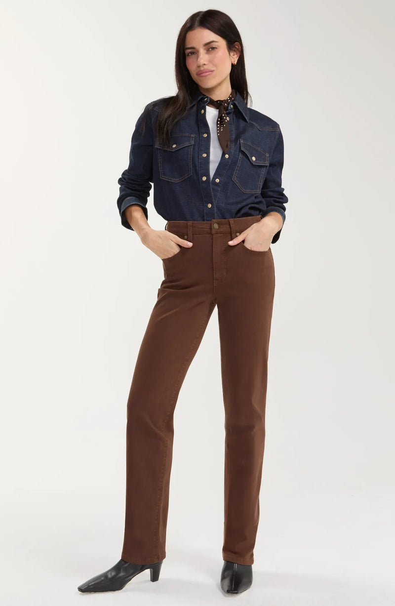 Carob brown straight-leg pants with a mid-rise comfort waistband, belt loops, five-pocket styling, zip fly with logo button closure, and a full-length straight silhouette.