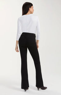 Black rinse baby boot jeans with a mid-rise waist, belt loops, five-pocket styling, zip fly with logo button closure, fitted hip and thigh, and a subtle full-length bootcut leg.