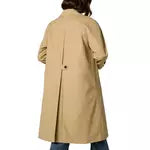 Tan raglan-sleeve coat with a straight relaxed silhouette, front button closure, angled welt pockets, long sleeves with button-tab cuffs, contrast houndstooth stand collar, and a center back inverted pleat with buttoned tab detail.