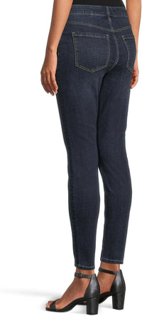 Dark indigo ankle-length skinny jeans with a mid-rise waist, belt loops, five-pocket styling, zip fly with button closure, subtle fading, and a slim streamlined leg.