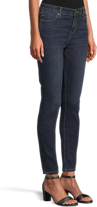 Dark indigo ankle-length skinny jeans with a mid-rise waist, belt loops, five-pocket styling, zip fly with button closure, subtle fading, and a slim streamlined leg.