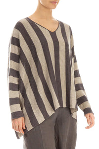 Loose V-Neck Striped Brown Linen Sweater