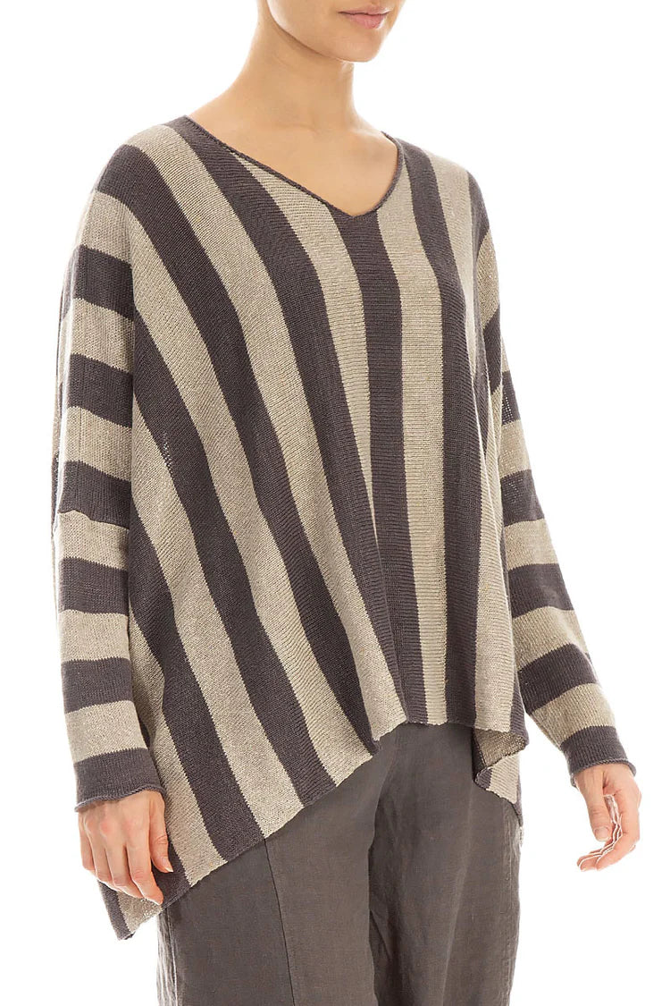 Loose V-Neck Striped Brown Linen Sweater