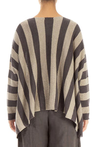 Loose V-Neck Striped Brown Linen Sweater
