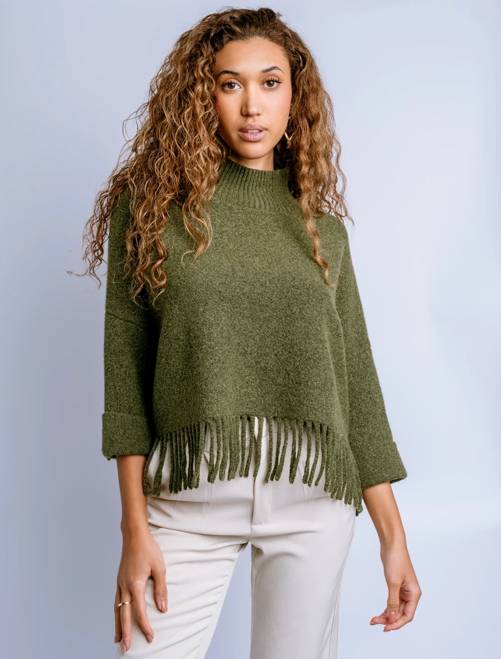 Kerisma Sachi Aja fringe sweater in Olive Jade, Tangerine Glow and Warm Wheat