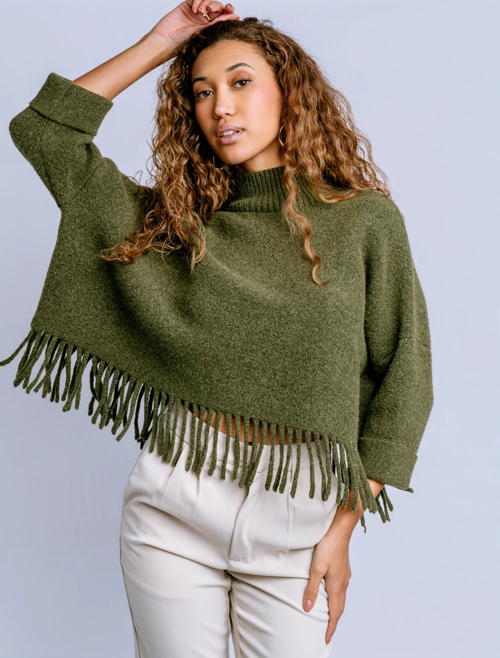 Kerisma Sachi Aja fringe sweater in Olive Jade, Tangerine Glow and Warm Wheat