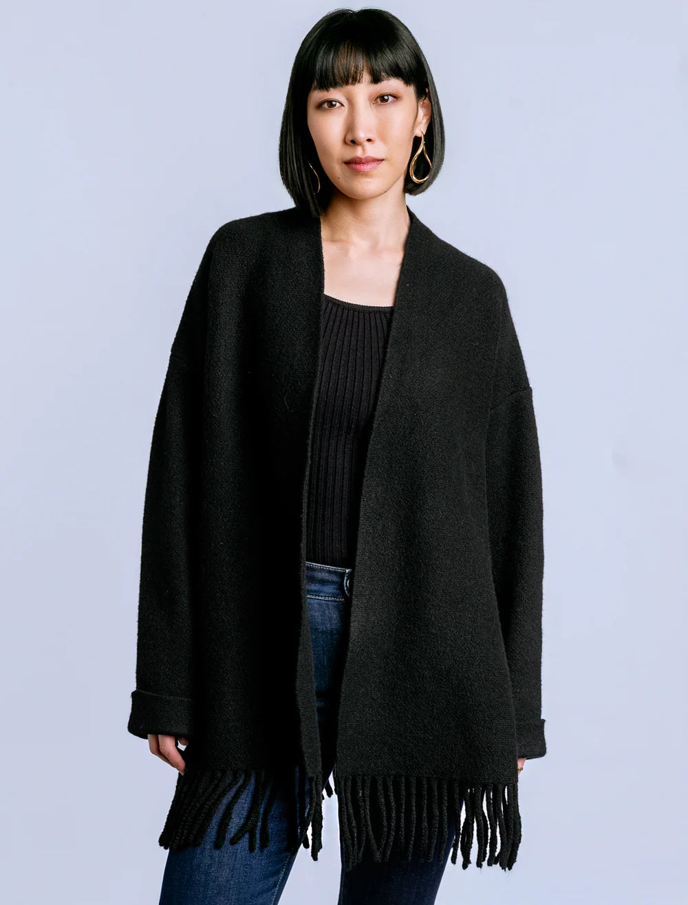 Kerisma Sachi Cardi fringed open-front cardigan in Black and Warm Wheat