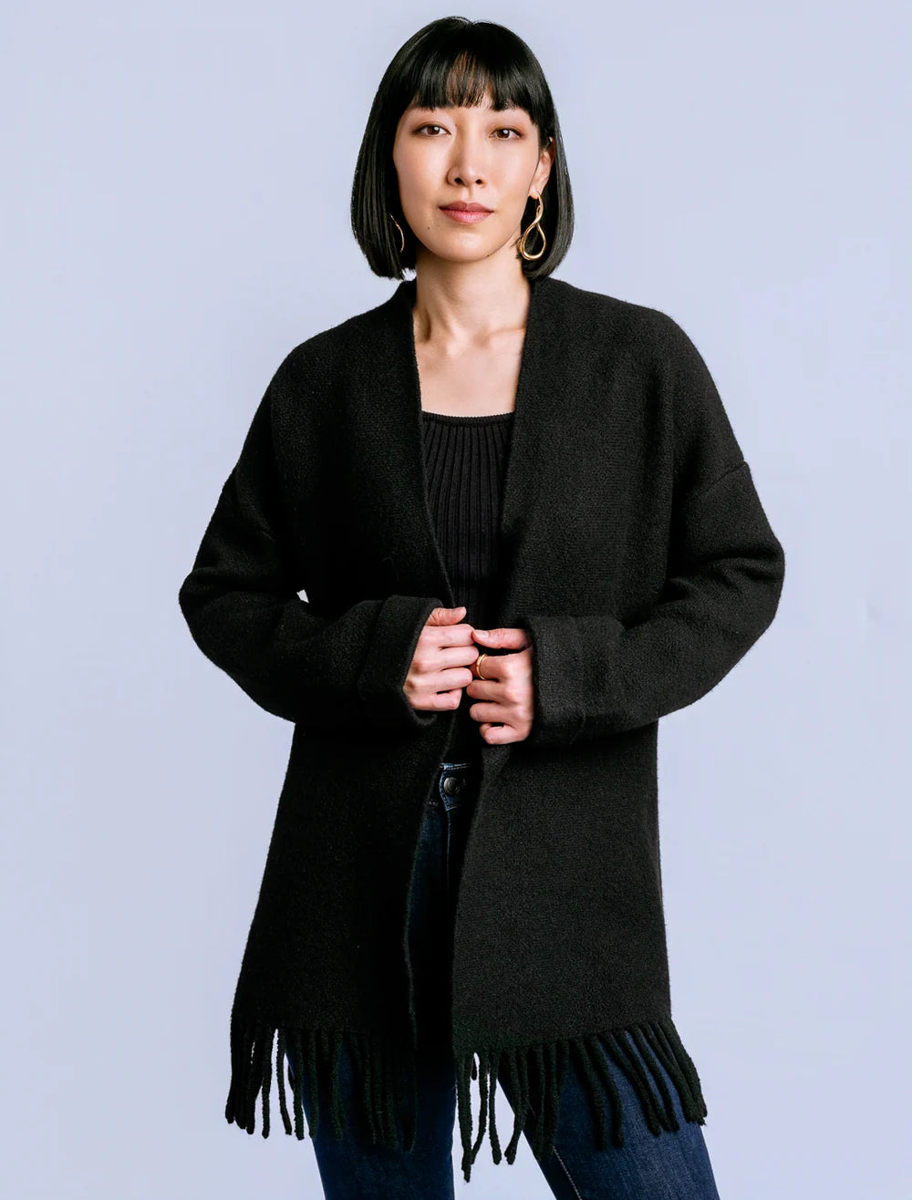 Kerisma Sachi Cardi fringed open-front cardigan in Black and Warm Wheat