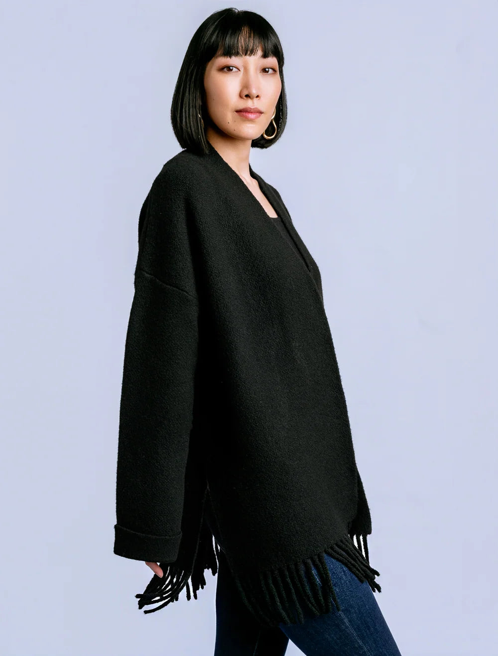 Kerisma Sachi Cardi fringed open-front cardigan in Black and Warm Wheat