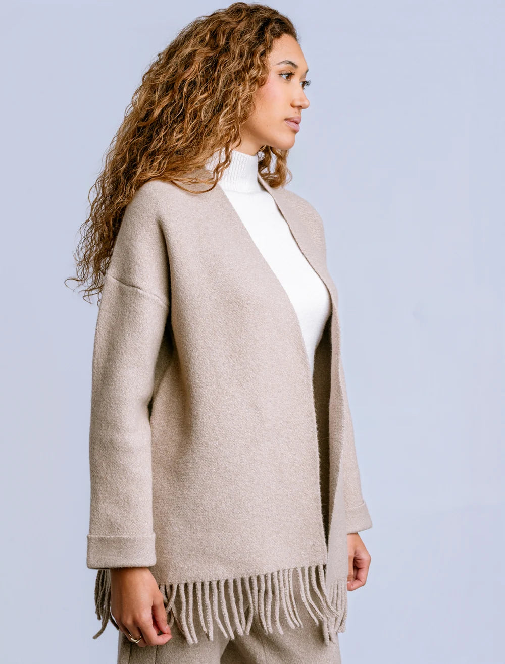 Kerisma Sachi Cardi fringed open-front cardigan in Black and Warm Wheat