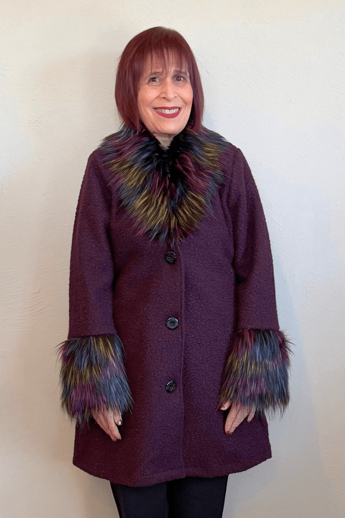 Isle by Melis Kozan 15965 Milan Jacket in deep plum with colorful faux-fur collar and cuffs