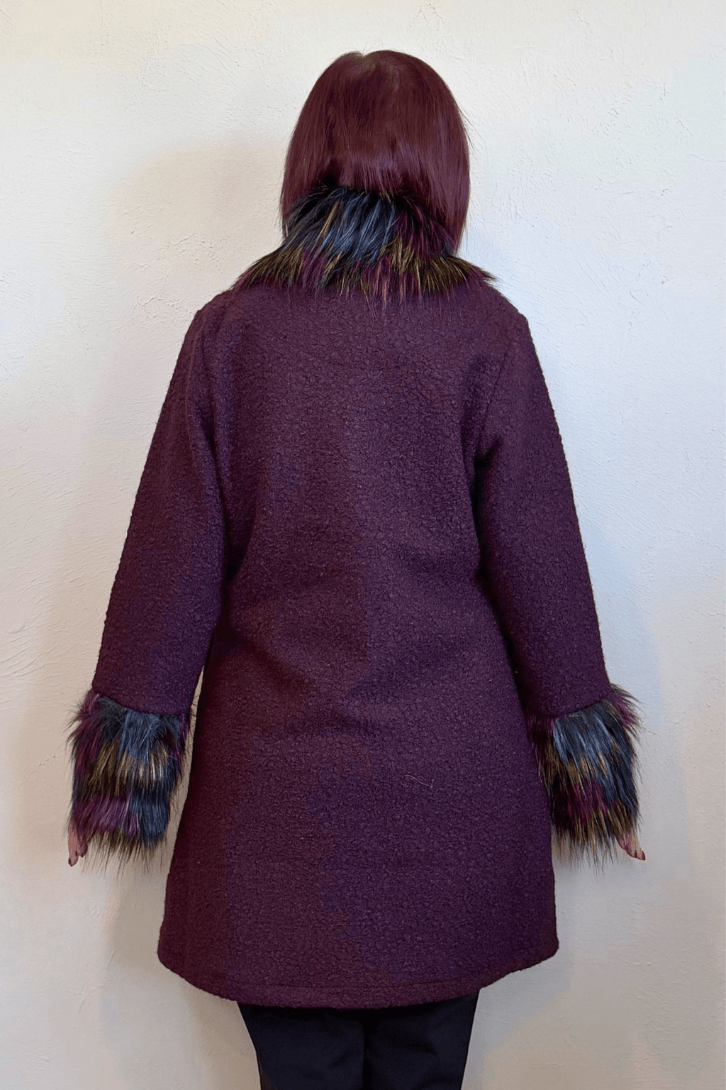 Isle by Melis Kozan 15965 Milan Jacket in deep plum with colorful faux-fur collar and cuffs